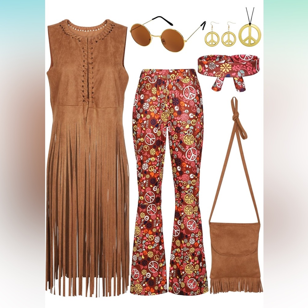 Women’s 70’s Hippie Costume Halloween Fringe Vest and Flared Pants Accessories
